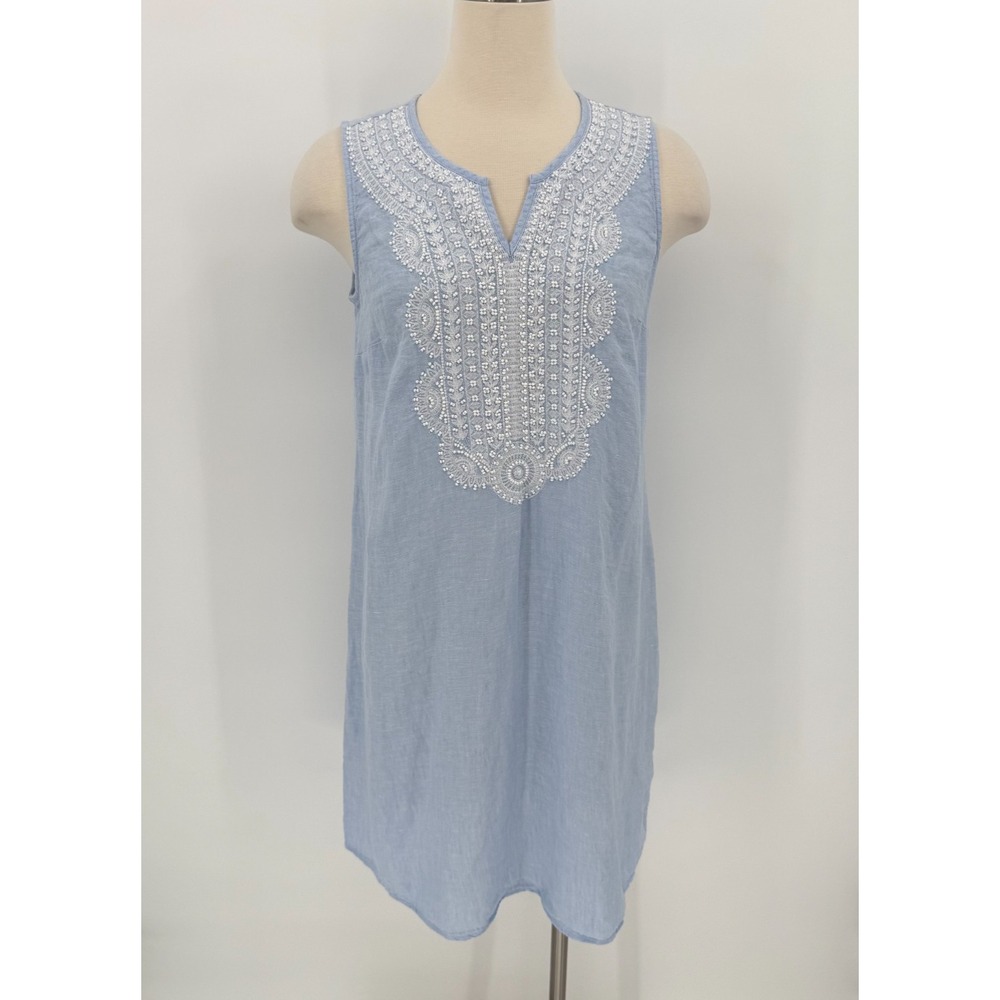 Pure Jill Womens Blue 100% Linen Beaded Mini Dress Size S Petite Beachy Boho